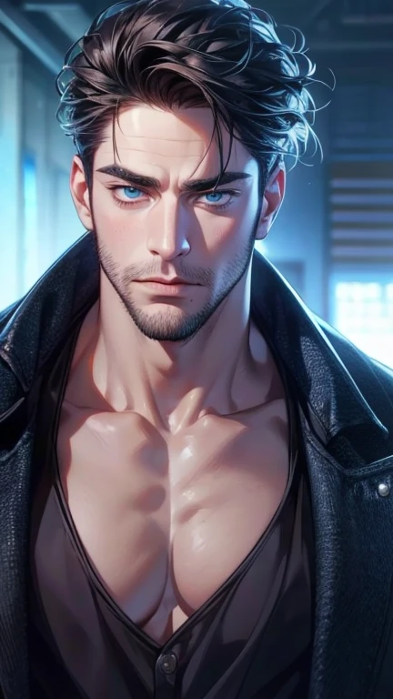 ( borrowed letter ,4K,8k, highres, masterpiece:1.2), ultra-detailed,(realistic,photorealistic,photo-realistic:1.37),36-year-old man,3 day beard,Cute anime ,Portraits,strong,Masculine, dark hair,sharp jaw, mesmerizing sky blue eyes , perfectly combed hair, ...