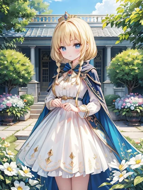  Masterpiece,  top quality,  very detailed, 16k,  ultra high resolution, cowboy shot,  detailed face,  perfect fingertips,  1 woman, ,  blue eyes,  blond,  braided, royal palace, garden, , Long train dress and cape