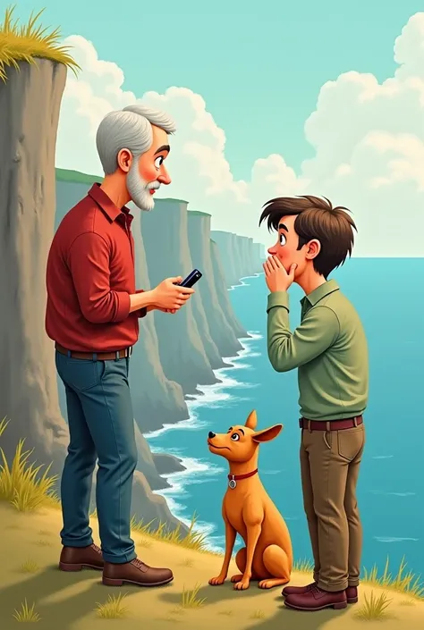 A middle-aged couple, Mr. and Mrs. Miller, stand near the cliff's edge, looking down at their stranded goat. Mrs. Miller has her hands over her mouth in worry, while Mr. Miller holds a phone, calling for help. Their golden retriever stands beside them, ear...