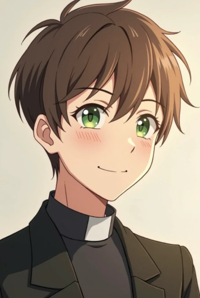 A Hobbit clergyman,  with short brown hair ,  anime-style, with white skin and some freckles on the face, with a kind look,  green eyes 