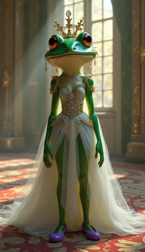 Queen Frog ,  long lashes  ,  in a heavenly dress,  gems ,  light purple shoes  )   is standing in the castle 