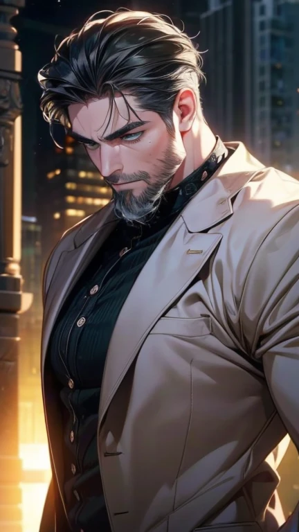 ( borrowed letter ,4K,8k, highres, masterpiece:1.2), ultra-detailed,(realistic,photorealistic,photo-realistic:1.37),36-year-old man,3 day beard,Cute anime ,Portraits,strong,Masculine, dark hair,sharp jaw, mesmerizing gray-green eyes , perfectly combed hair...