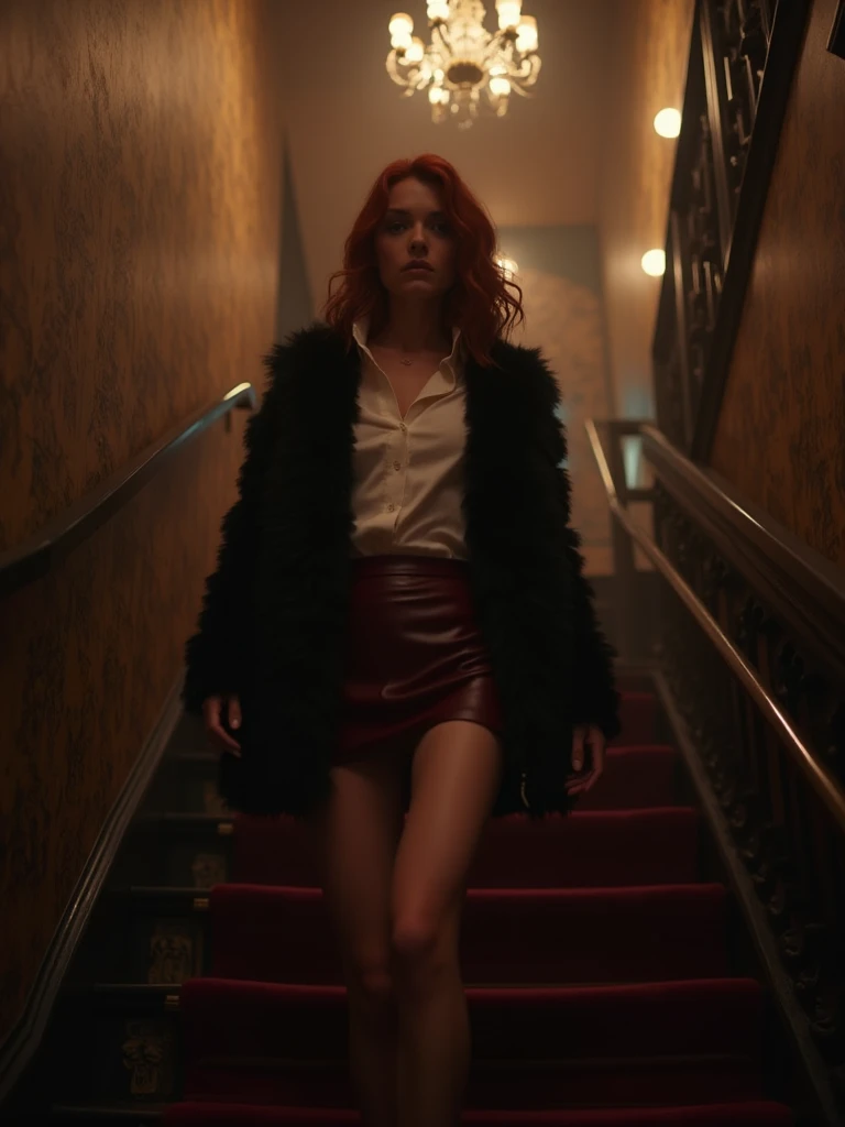 Night. A captivating scene inspired by the 2000s with a sexy and sensual 35 year old red haired model. She wears a black fur jacket, a white shirt and a burgundy leather skirt. The woman is found in the lobby of the Brooklyn Hotel.  He goes up the stairs. ...