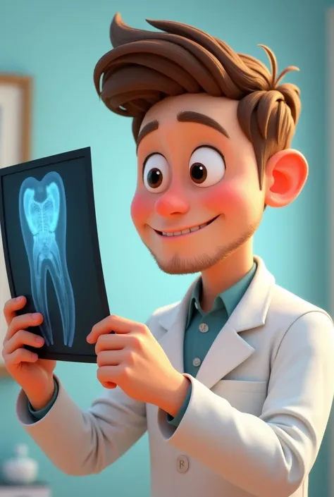 Create a male Pixar character, short hair, therefore, wearing a dentist's smock, In the image I want him looking at an X-ray of a tooth 