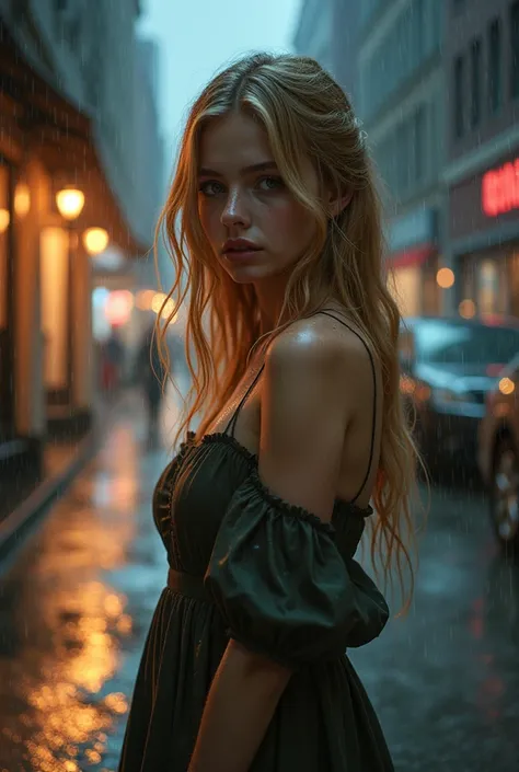 A beautiful girl with blond hair and gray eyes in a dress in the rain of the city at night