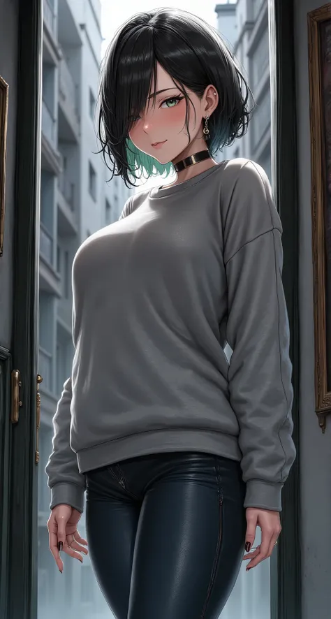 A modern and enigmatic young woman standing in the doorframe of an urban apartment building. She is the epitome of understated elegance, with a perfect face that draws the viewer's gaze to her expressive, dark green eyes. A smirk plays on her lips. Her sho...