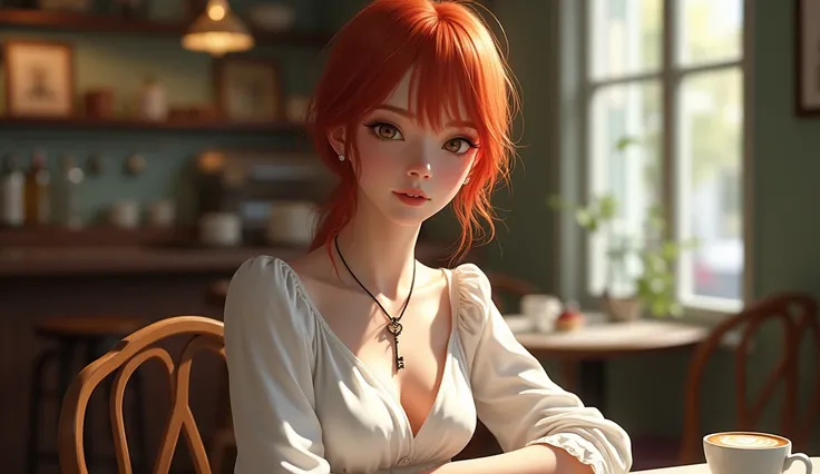  girl with red hair ,  pretty face,  eyes of European appearance , there is a pendant on the neck in the form of an antique key , in a long white dress  , sits at a table in a cafe , there is a cup of coffee and a saucer of cake on the table ,  realistical...