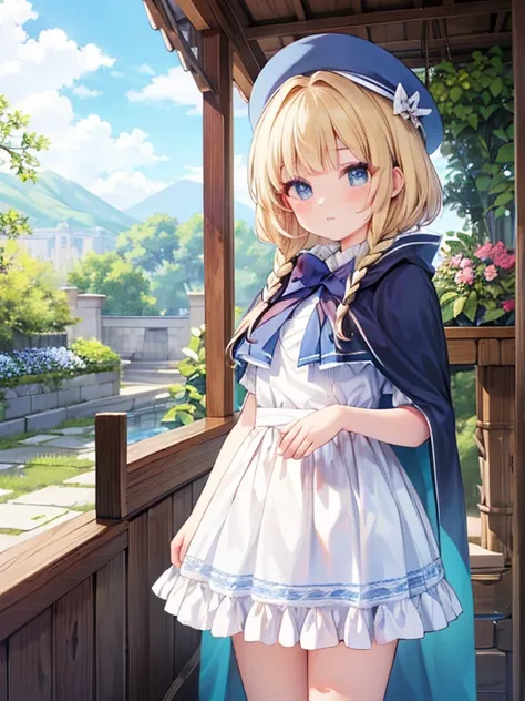  Masterpiece,  top quality,  very detailed, 16k,  ultra high resolution, cowboy shot,  detailed face,  perfect fingertips,  1 woman, ,  blue eyes,  blond,  braided, royal palace, garden, , Long train dress and cape