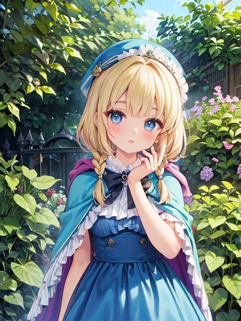  Masterpiece,  top quality,  very detailed, 16k,  ultra high resolution, cowboy shot,  detailed face,  perfect fingertips,  1 woman, ,  blue eyes,  blond,  braided, royal palace, garden, , Long train dress and cape