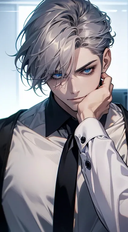 ( borrowed letter ,4K,8k, highres, masterpiece:1.2), ultra-detailed,(realistic,photorealistic,photo-realistic:1.37),1 man,3, Mature man,very beautiful hair, Expressionless,to smile,Short black and gray hair, blue eyes, hair look penetrating,no errors, stat...