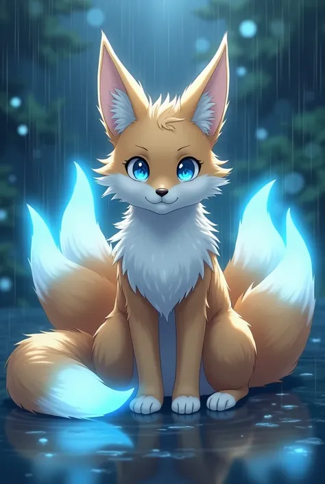  masterpiece, Best quality, anime fuchs/ Kitsune,hell Braun-Besches fell, white paws, Sweet,  light blue eyes,9 foxtails,Neon light blue glowing tail tips,Sitting in the rain.