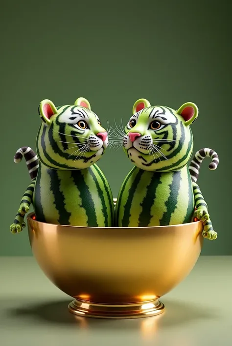 Here is your refined English prompt:

“A surreal and highly realistic image of two watermelons in a golden bowl, partially transforming into baby green tigers. The bodies are still completely watermelons, with their smooth green-striped texture intact, but...