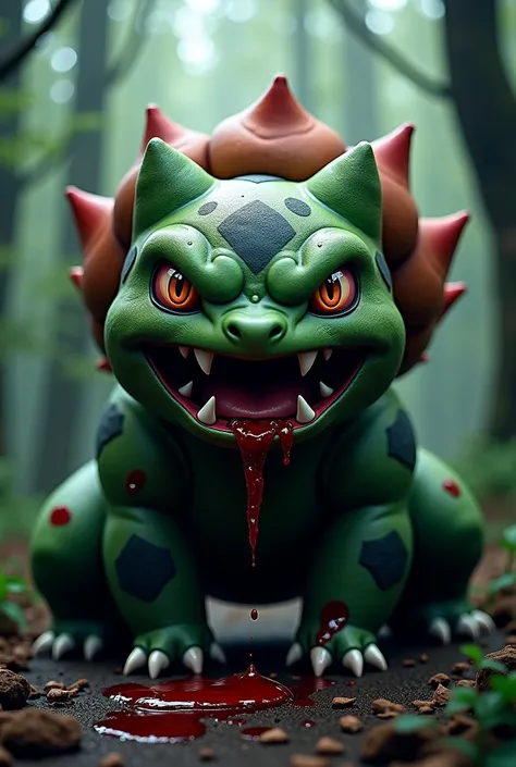 Create a super realistic image of a terrifying Bulbasaur from the Pokémon anime. Its face has dark, rough skin, with visible flesh textures and veins. Its most striking feature is its giant mouth, which opens into a flower of inverted petitions, revealing ...