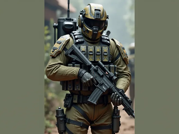 Future armor, future weapons, combat armor, battlefield behind man