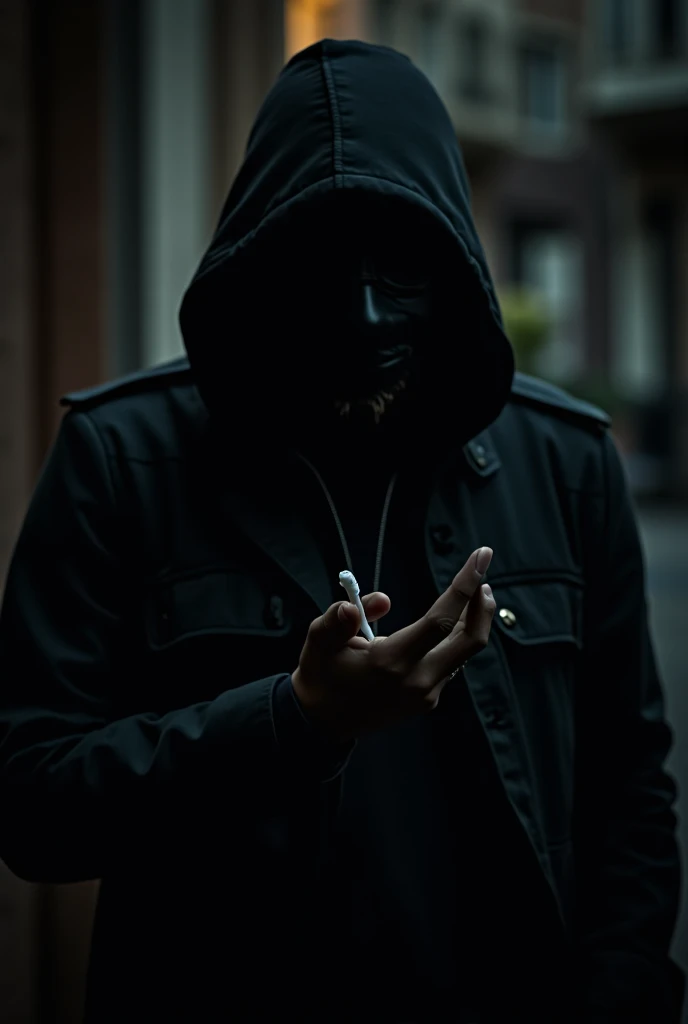 A masked man wearing black clothes and buying a cigarette