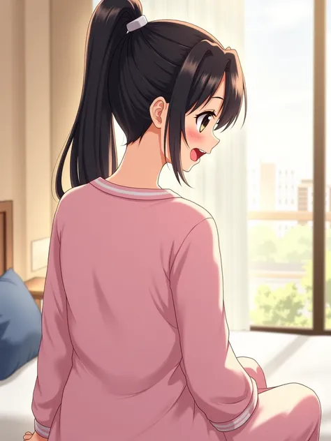  high resolution,  high resolution,  Details,  illustration 、 Masterpiece, Back view of a lovely dark-haired woman,  ponytail,  loungewear, big , Hotel-like interior,  she's smiling so happily .