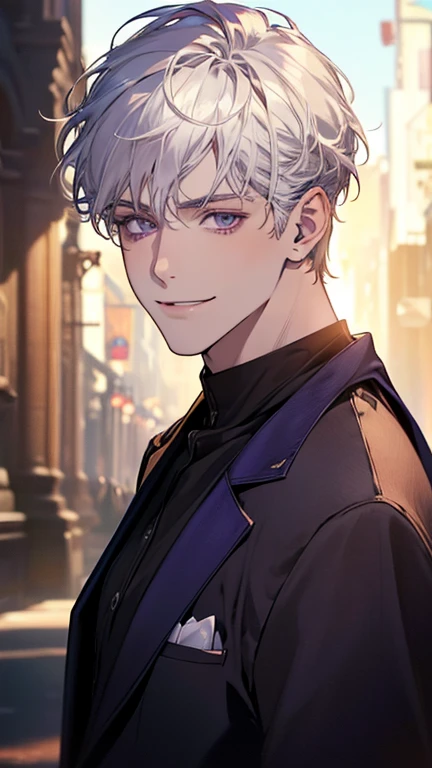 (realistic:1.37, borrowed letter ,4K,8k, highres, masterpiece:1.2), ultra-detailed,Young,Caucasian male, dark purple eyes ,gentle smile, simple clothes ,School Atmosphere , medium hair, white hair, light smile . Between Shadows and Choices