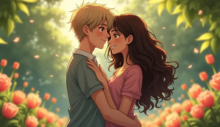  Create an image of a couple, The man has straight dark blonde hair and the woman has VERY curly dark brown hair, they both have brown eyes and fair skin and they are cuddling, Do them in a cute anime-style garden but very realistic