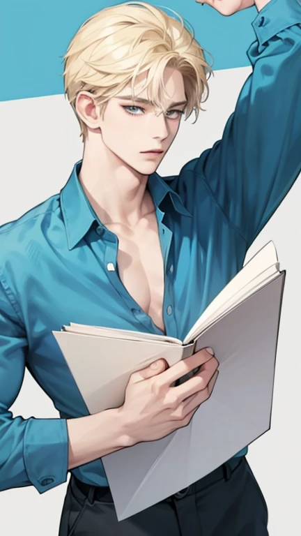  masterpiece,  borrowed letter ,  alone, 1 macho,  short hair, turquoise eyes,  blond hair, blue clothes.   webtoon style  