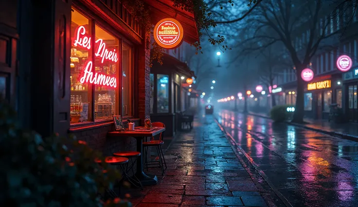 "A cozy nighttime cityscape with neon lights reflecting on the streets, a warm café window glowing in the background, vinyl record and cassette tape elements, with a soft and dreamy lo-fi aesthetic."