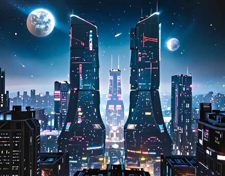 Masterpiece, High quality, High Resolution, High Definition, 8k, futuristic city, night, stars, galaxy, moons