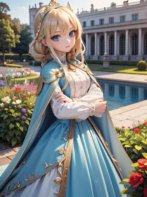  Masterpiece,  top quality,  very detailed, 16k,  ultra high resolution, cowboy shot,  detailed face,  perfect fingertips,  1 woman, ,  blue eyes,  blond,  braided, royal palace, garden, , Long train dress and cape