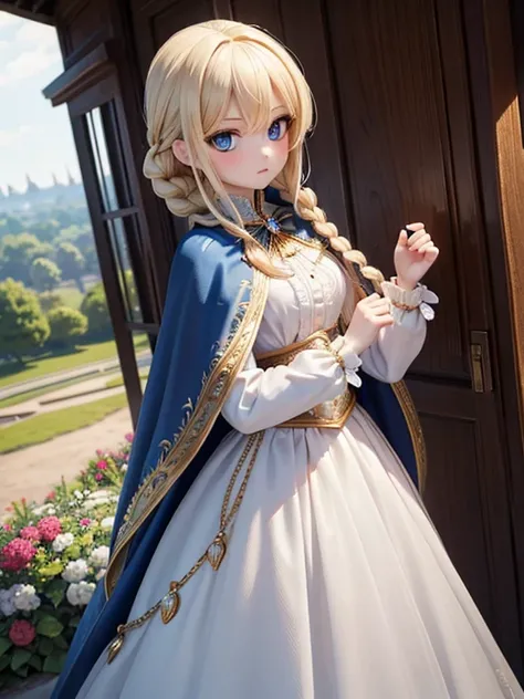  Masterpiece,  top quality,  very detailed, 16k,  ultra high resolution, cowboy shot,  detailed face,  perfect fingertips,  1 woman, ,  blue eyes,  blond,  braided, royal palace, garden, , Long train dress and cape