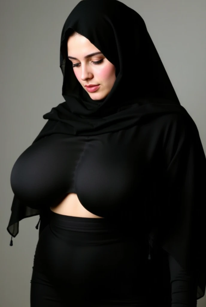 full body pakistani woman age 20 in black hijab and abaya, sexy, collar on neck, seductive, big breast ,big ass, shy, slave, tight abaya, curves
