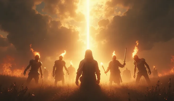  A profound and symbolic scene .  A believer is kneeling in prayer in the middle of an invisible spiritual battlefield . Although apparently alone ,  he is surrounded by an armor of light — a shining helmet covers his head ,  a divine shield floats in fron...