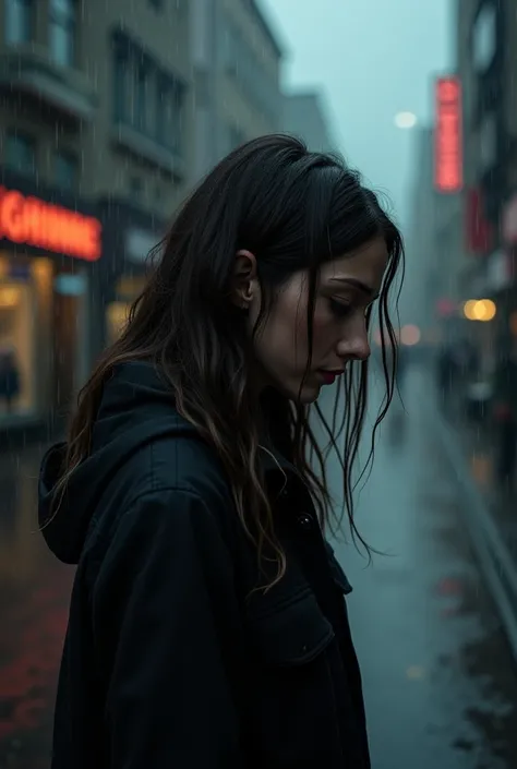  brunette woman,  with wavy hair , crying, in the rain,  on a deserted street . 