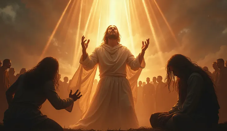  An intense scene charged with spiritual power .  in the center of the image ,  a man of God is standing ,  with his hands raised to the sky ,  his eyes closed in deep prayer .  Your face expresses unwavering faith and spiritual authority . Around him,  a ...