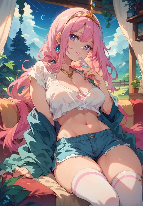 1girl, Princess Bubblegum, Adventure Time, sitting on a couch, crop top, cleavage, silk shorts, thigh highs, naturally sagging breasts, sexy pose, lustful, BREAK, night time, mountain cottage, cinematic lighting,