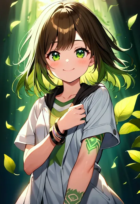 1teenage girl, shorty,  hair tidy,  medium length hair ,  dark brown and multicolored green hair , middle strip, cute face,  smiling,  dark green eyes ,  white shirt,  dark green and white overcoat large short sleeve,  very detailed bracelets, green body t...