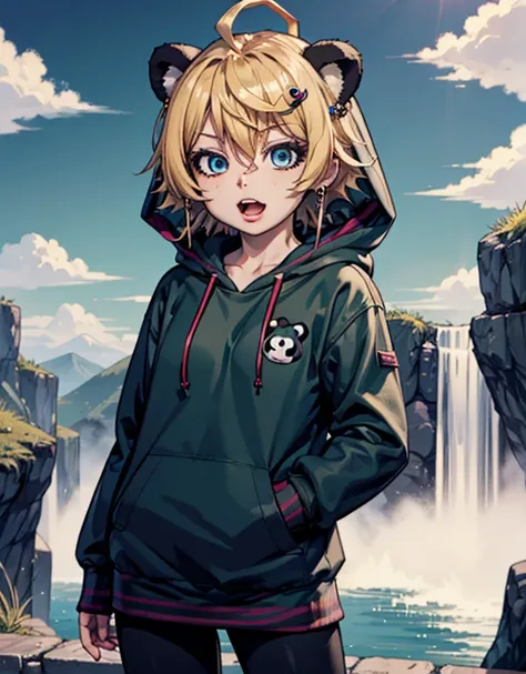 an anime type drawing of a person standing between a dragon and a waterfall, dragon, 1girl, sky, cloud, scenery, fantasy, water, jacket, hairclip, jewelry, drawstring, streaked hair, hooded jacket, open jacket, multicolored hair, long sleeves, hair ornamen...