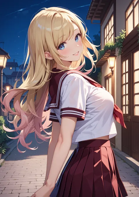 girl, slender, busty, pale skin, blonde hair, long hair , swept bangs, straight hair , blue eyes, Slanted eyes , pink beige lip, smile, ((blush:1,6)), looking ahead, school uniform, serafuku, pleated skirt, sailor collar, white shirt, short sleeve shirt , ...