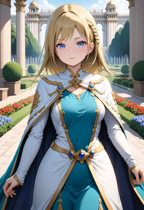  Masterpiece,  top quality,  very detailed, 16k,  ultra high resolution, cowboy shot,  detailed face,  perfect fingertips,  1 woman, ,  blue eyes,  blond,  braided, royal palace, garden, , Long train dress and cape