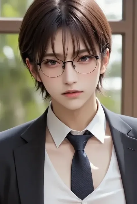 handsome male lecturer figure, wearing a slimfit black shirt combined with a white vest and also a tie, wearing reading glasses with disheveled hair, On the left and right are beautiful women., on the left a purple haired gradated sorority with a seductive...