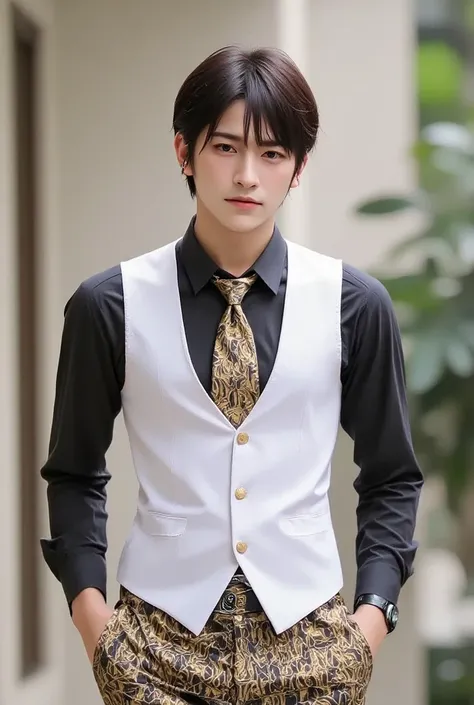 handsome male lecturer figure, wearing a slimfit black shirt combined with a white vest and also a tie, wearing reading glasses with disheveled hair, On the left and right are beautiful women., on the left a purple haired gradated sorority with a seductive...