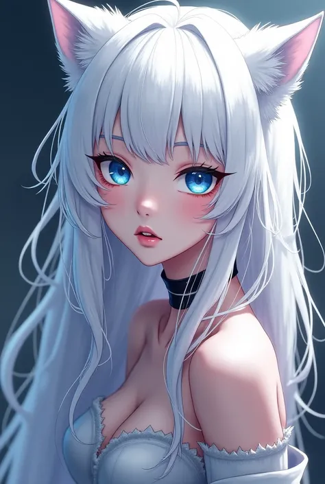  anime-style,  woman with white hair and too long but tidy ,  wolf ears and wolf tail , blue eyes with anisochondria ,  pale skin with pink undertones , She has sharp fangs 