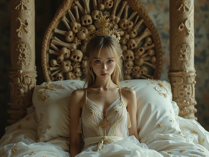 A thin Korean woman , 18 years old, with a body extremely thin and fragile and delicate appearance . She has a very small bust , a thin waist and thin legs and go between the thighs . Her hair is long and blond 88 .0, With bangs and tied back with blac...