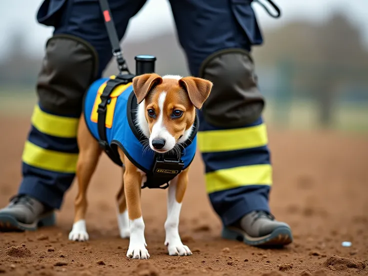  realistic photo ,  HD, masterpiece : dans un champ, A Jack Russel Terrier, equipped with a bulletproof vest ,  with the colors blue and yellow, and adapted to its morphology, Sniff the ground ; We see the legs of his master,  dressed like a fireman and eq...