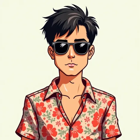 A character from a YouTube channel about the artificial intelligence art style of GTA Vice City, a mobster with a scarface, Tony Montana-style floral shirt and luxury sunglasses, hand-drawn minimalist style face, similar to Tony Montana from Scarface, no b...