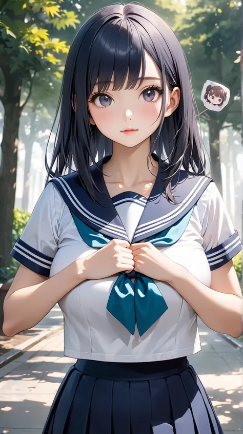 extreme realism,  realistic, Front View:1.21, Bust up shot, In a bright park, Simple Background, realistic photo, beautiful woman, Cute Japanese female idols, 1, "I love you"sign language, Anatomically correct proportions, 5 anatomically correct fingers, S...