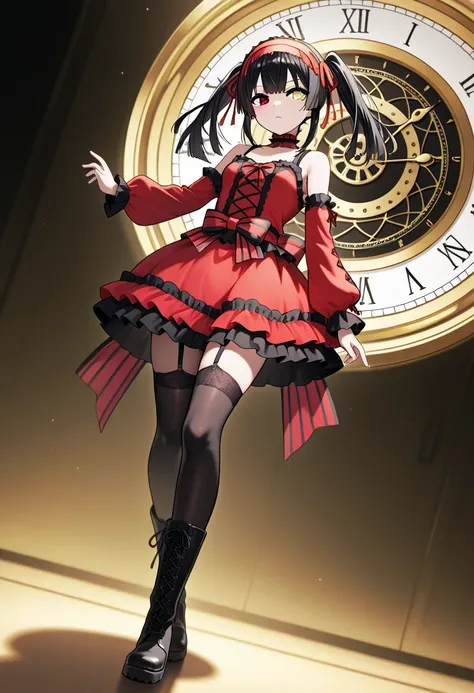 masterpiece, best quality, very aesthetic, full body, TokisakiKurumi, black hair, twintails, heterochromia, red eye, yellow eye, clock eyes, KurumiBase, clock eyes, red eye, yellow eye, heterochromia, black hair, twintails, hairband, red dress, striped bow...