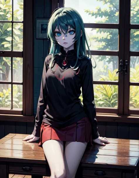 Anime illustration of a girl, very long blach hair, big blue eyes, pale skin, oversized black shirt, black and red table miniskirt, in a cabin in the woods.