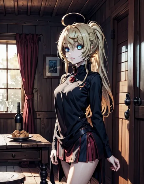 Anime illustration of a girl, very long blach hair, big blue eyes, pale skin, oversized black shirt, black and red table miniskirt, in a cabin in the woods.