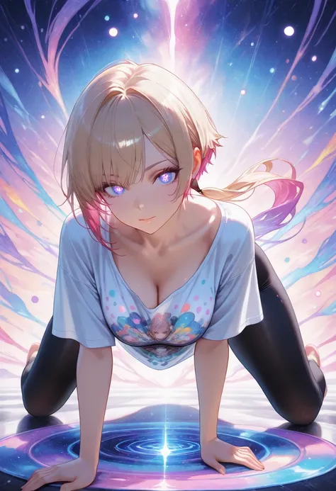 ultra detailed, absolutely resolution, masterpiece. 
cool beauty, push-up position, shining glossy silky very short cut with low ponytail, captivating eyes, sexy beauty expression, lewd great body proportion, wearing loose wearing large T-shirt, black legg...