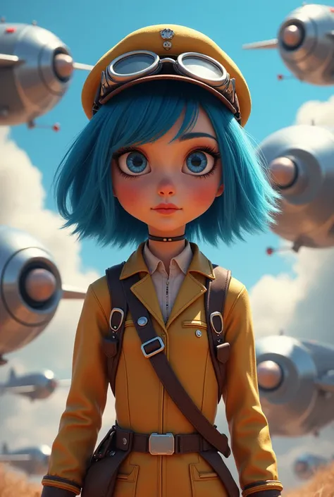 Coraline's character, dressed as a pilot with glasses and cap against the background of planes flying in a futuristic world