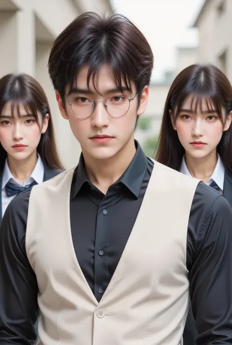 handsome male lecturer figure, wearing a slimfit black shirt combined with a white vest and also a tie, wearing reading glasses with disheveled hair, On the left and right are beautiful women., on the left a purple haired gradated sorority with a seductive...