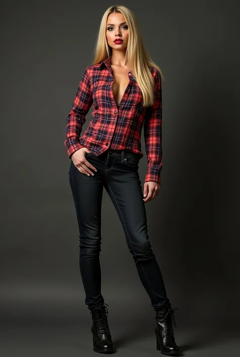 full hd, 4k, A buchona woman wearing a plaid shirt and tight jeans, She has boots , straight blonde hair and very pronounced lips